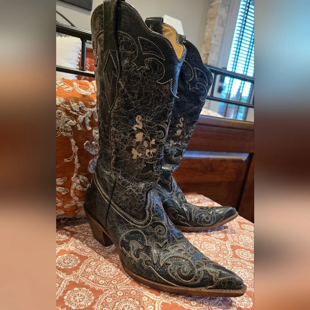 Corral Vintage **PRICE DROP! **C2108 Black Lizard Inlay Snip Toe Boot Size 9.5 - Picture 2 of 9